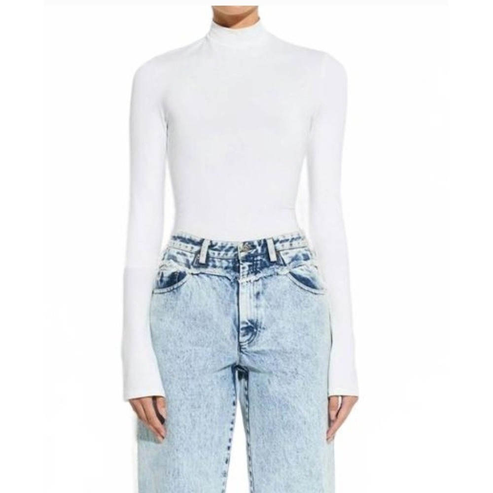 LAPOINTE Jersey Mock Neck Bodysuit White Long Flare Sleeve Size L NWT Minimalist